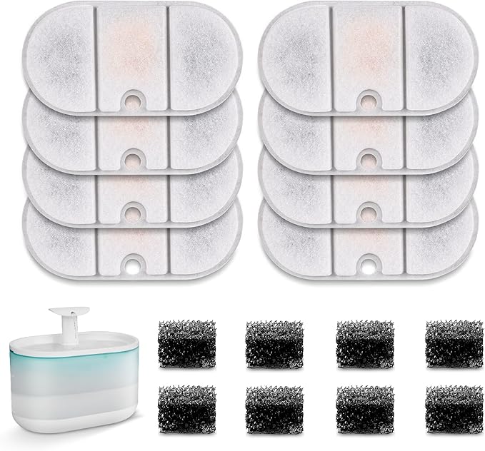 8 Replacement Filters + 8 Sponges Cat Water Fountain Filters Compatible with PETLIBRO Capsule Pet Water Fountain: PLWF002, 71oz/2.1L Ultra Quiet-BPA-Free