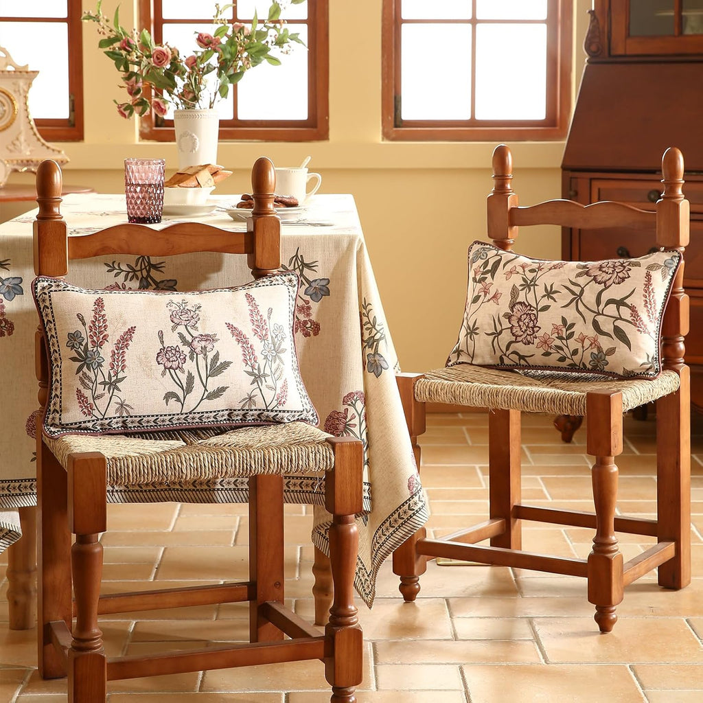 ISAENNE Design Linen Vintage Throw Pillow Covers 12"x20" Pack of 2, Rectangle Cushion Covers with Red Purple Flowers Green Leaves Pattern Decoration Pillowcases for Bed,Living Room,Outdoor,Car