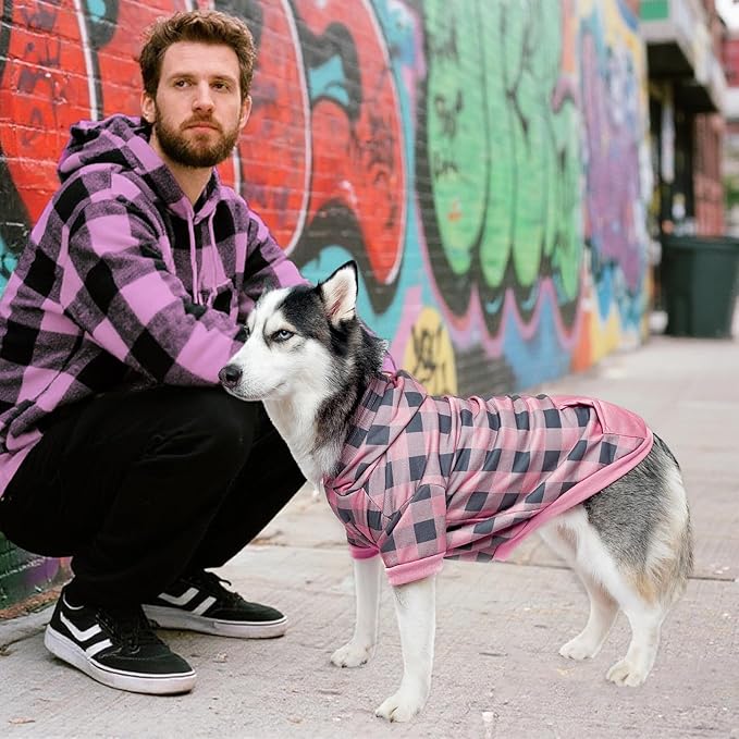 KOOLTAIL Plaid Dog Hoodie Pet Clothes Sweater with Hat and Pocket for Small Medium Large Size Dogs, Soft Winter Warm Dog Cold Weather Coat, Fleece Fall Dog Hooded Sweatshirt for Puppy Cats, Pink L