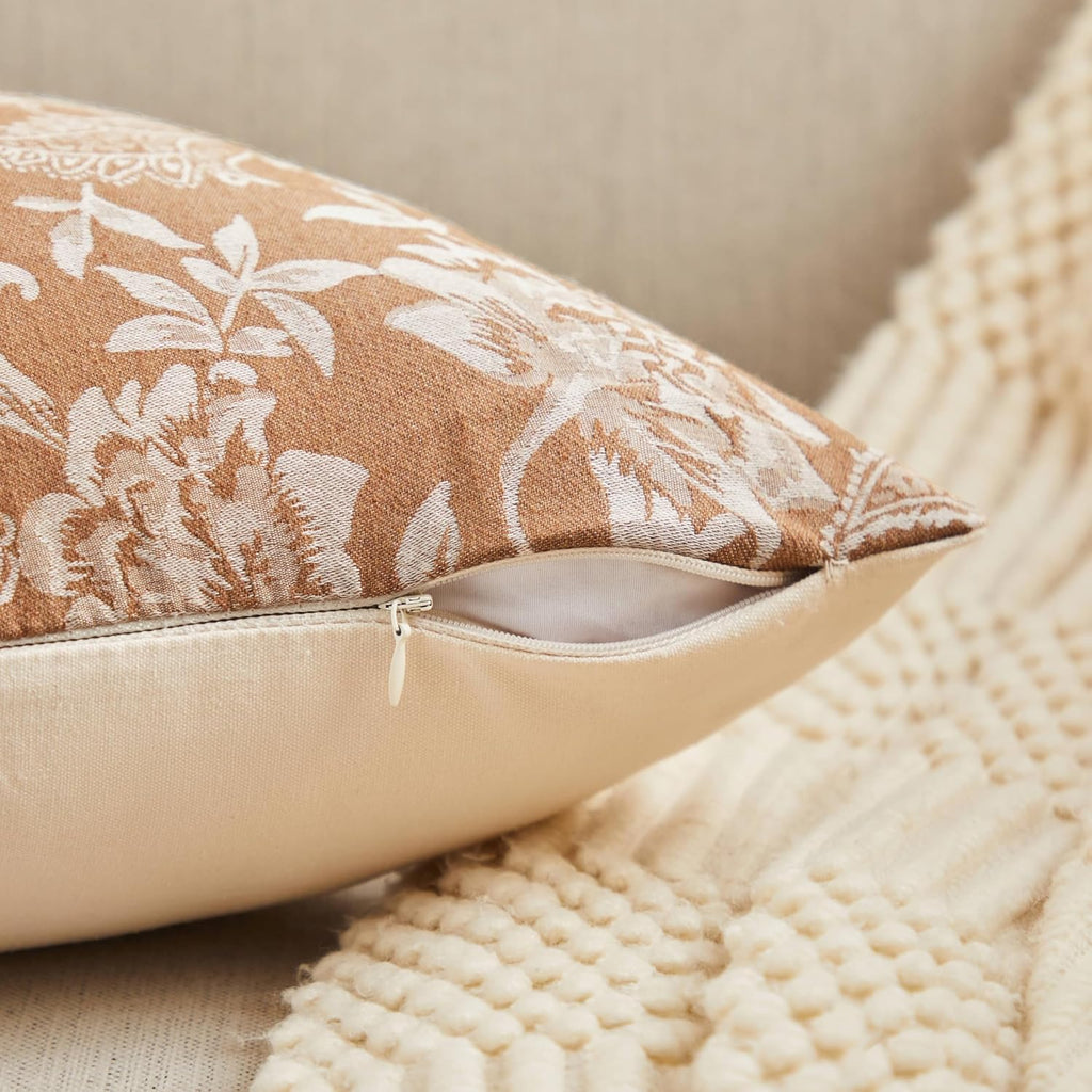 Floral Jacquard Throw Pillow Covers Set of 2, Background/Caramal 20x20 Inch, Farmhouse Decorative Cotton Caramal Cushion Covers for Sofa Bed Living Room Home Decor