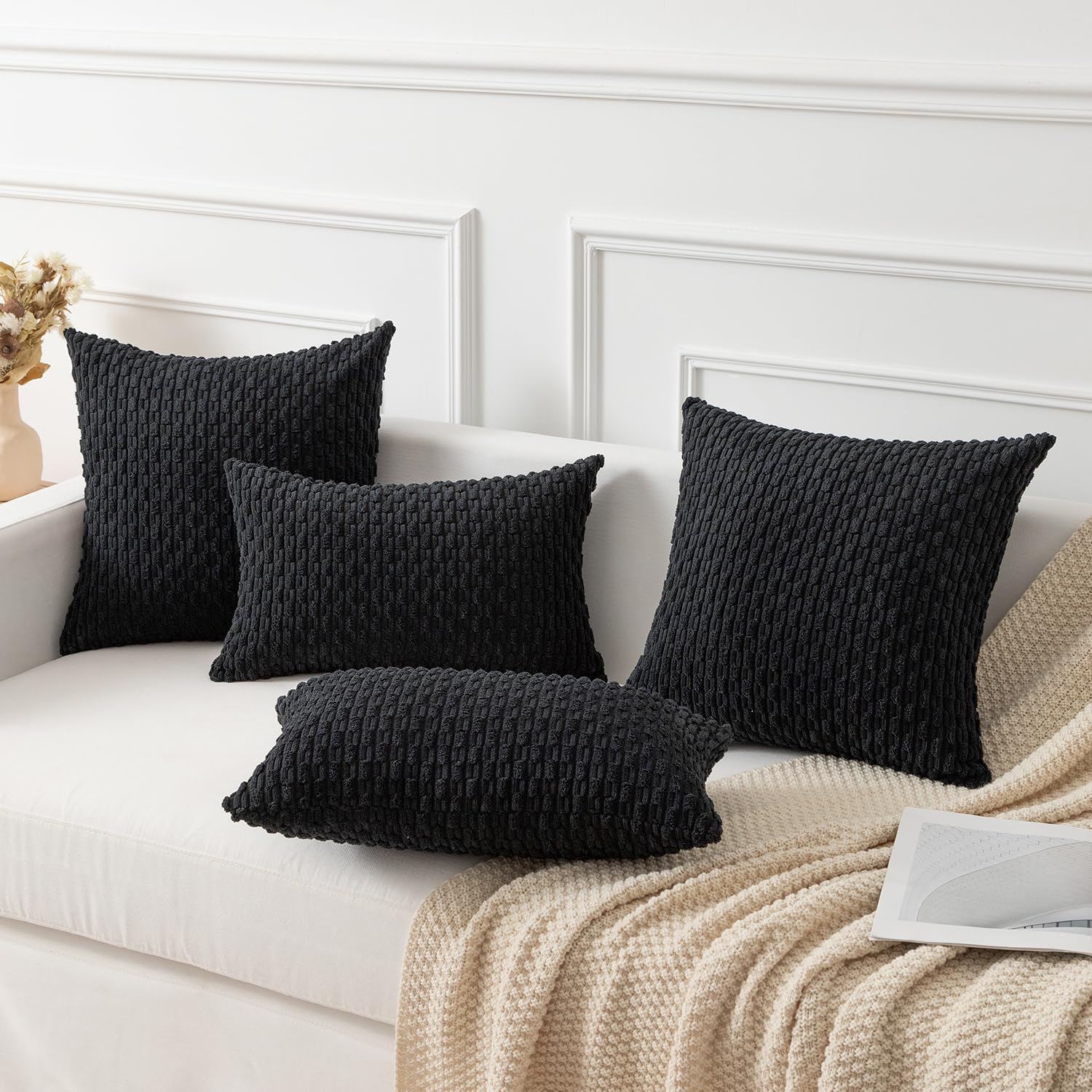 Kevin Textile 14x24 Inch Pillow Cover 1 Pack Boho Decorative Soft Striped Corduroy Lumbar Farmhouse Accent Rectangle Cushion Case for Living Room Couch Sofa Bed, Black