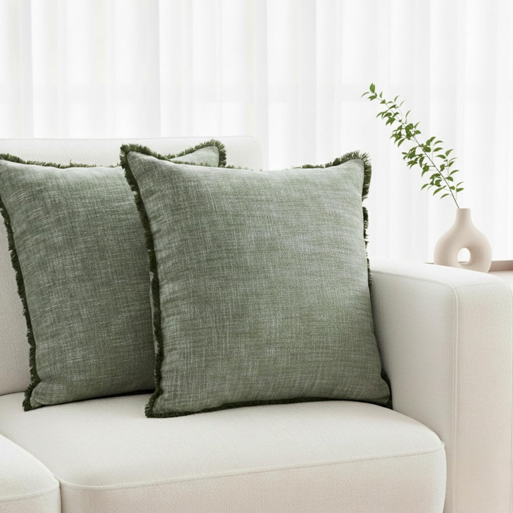 16×16 Textured Cotton Throw Pillow Covers with Decorative Fringed Edge Boho Farmhouse Cushion Covers with Tassels Linen Like Accent Pillowcases for Bed Couch Chair Sofa Living Room,Green Set of 2