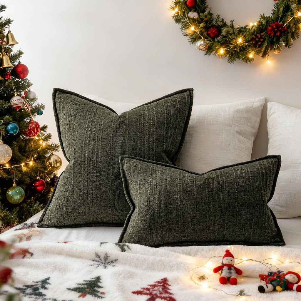a moment Christmas Linen Pillow Covers Set of 2,Boho Farmhouse Throw Pillowcases Neutral Textured Decorative Covers for Couch Sofa,Soft Linen Blend Accent Case Cushion Home Decor 18"x18"Dark Green