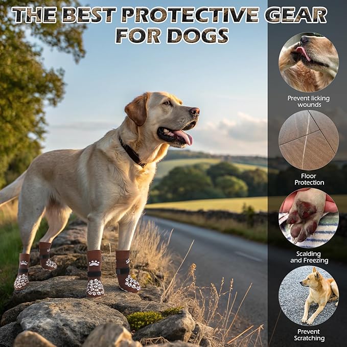 EXPAWLORER Anti Slip Dog Socks to Prevent Licking Paws, Dog Shoes for Hot Pavement, Dog Booties for Small Medium Large Senior Dogs, Traction Control Boots & Paw Protectors for Hardwood Floors Coffee