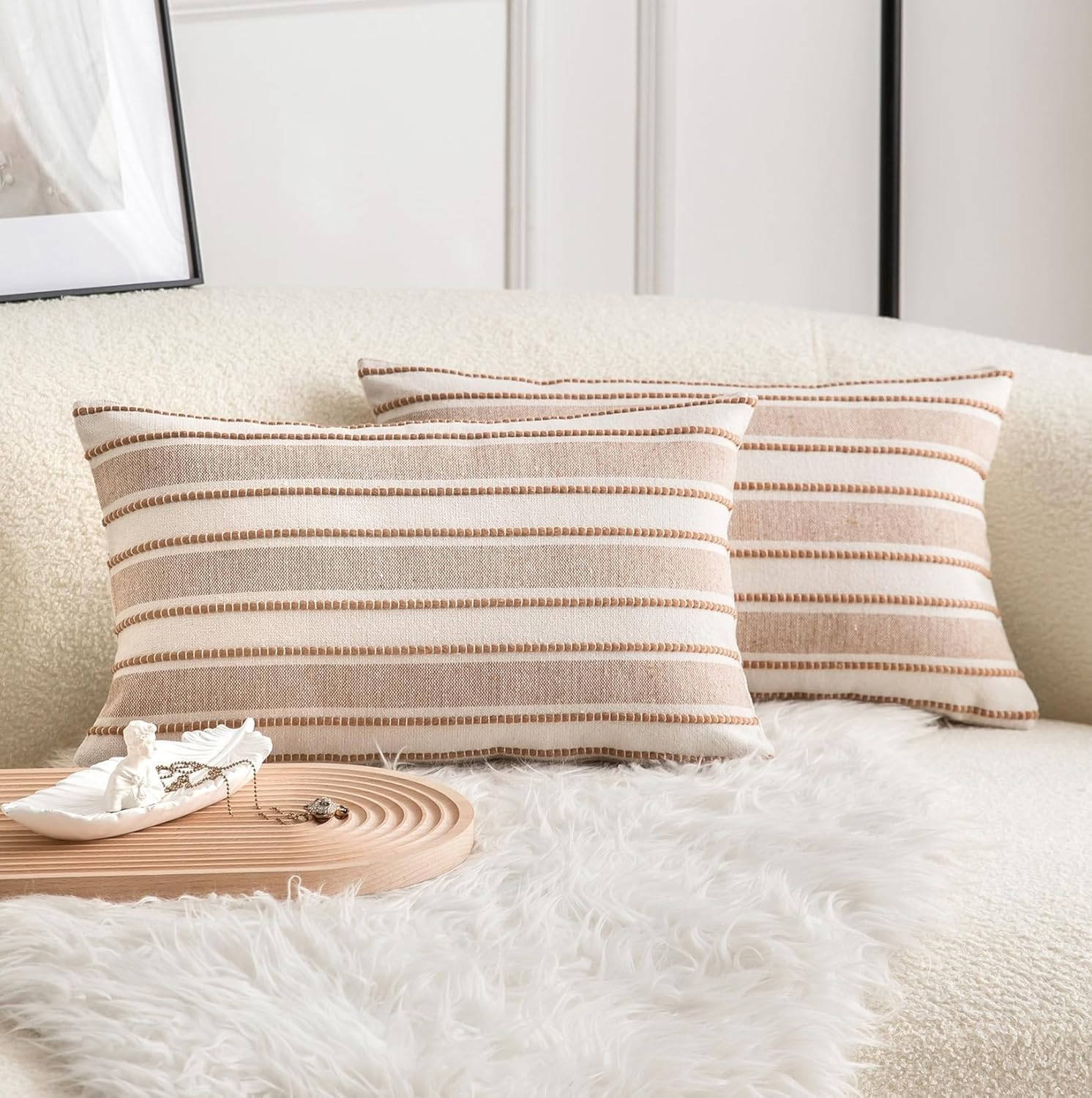 Decorative Boho Lumbar Throw Pillow Covers, Farmhouse Textured Pillow Case, 12 x 20 Inch Set of 2, Chair Sofa Bedroom Living Room Home Decor Couch Cushion Case, Brown and Beige