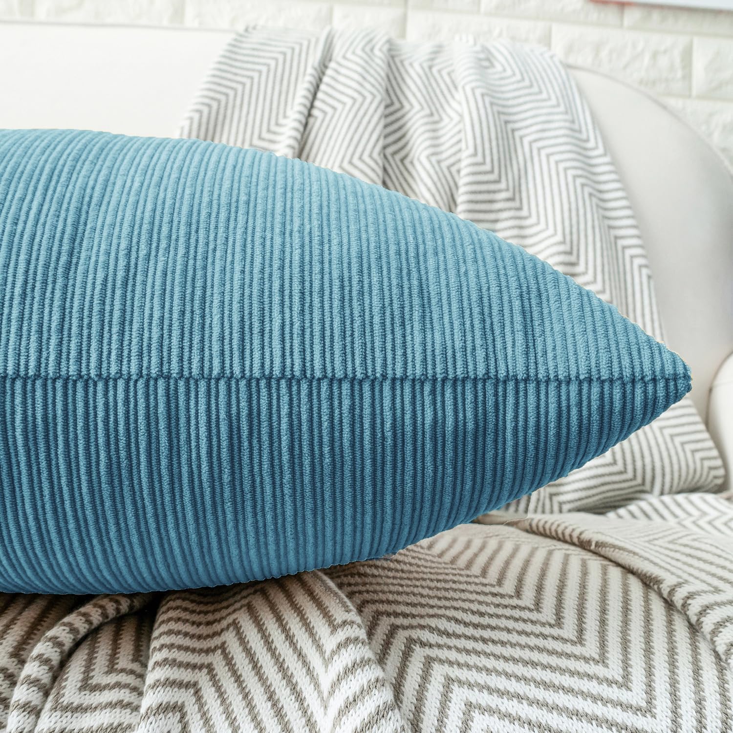 HWY 50 Smoke Blue Chenille Throw Pillow Covers 12x20 Inch with Triple Buttons, Soft Farmhouse Accent Decorative Cushion Cases for Couch Sofa Bed Living Room Pack of 2 Rectangle