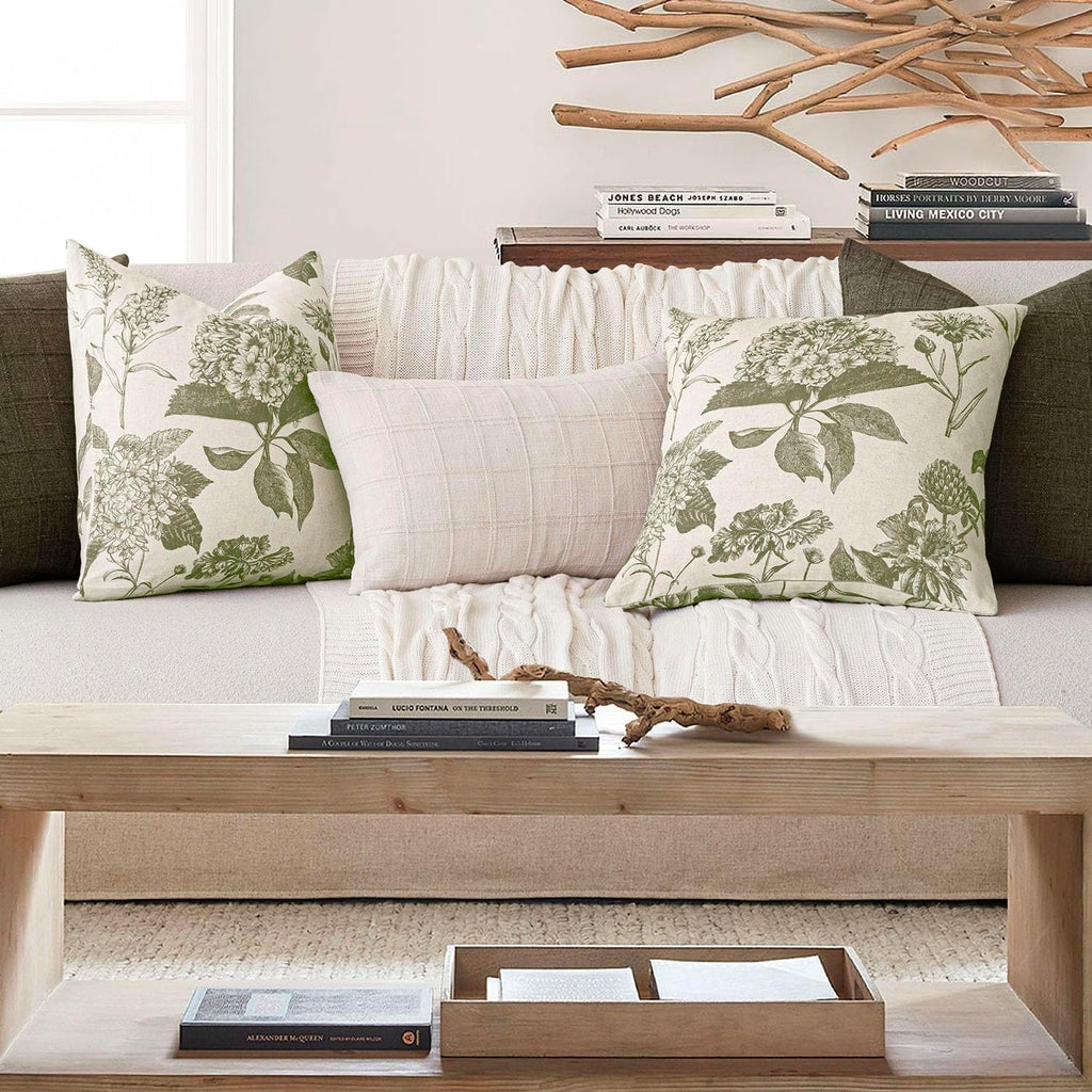 Foindtower Set of 2 Linen Floral Vintage Throw Pillow Covers Neutral Accent Print Decorative Cushion Covers Farmhouse Home Decor for Sofa Chair Couch Bedroom Living Room,18×18 Inch,Sage Green