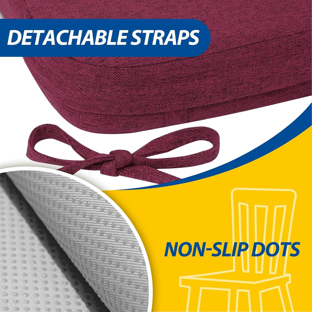 AAAAAcessories D-Shaped Chair Cushions, 2" Thick Dining Chair Pads with Ties and Removable, Machine-Washable Cover, 17" x 16", Wine Red