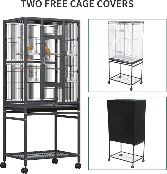 YITAHOME 53.9 inches Metal Bird Cage for Parakeets: Large Parrot Cages with Seed Catcher & Birdcage Cover with Rolling Stand & Brakes for Lovebirds Cockatiels Pigeon Finches, Black