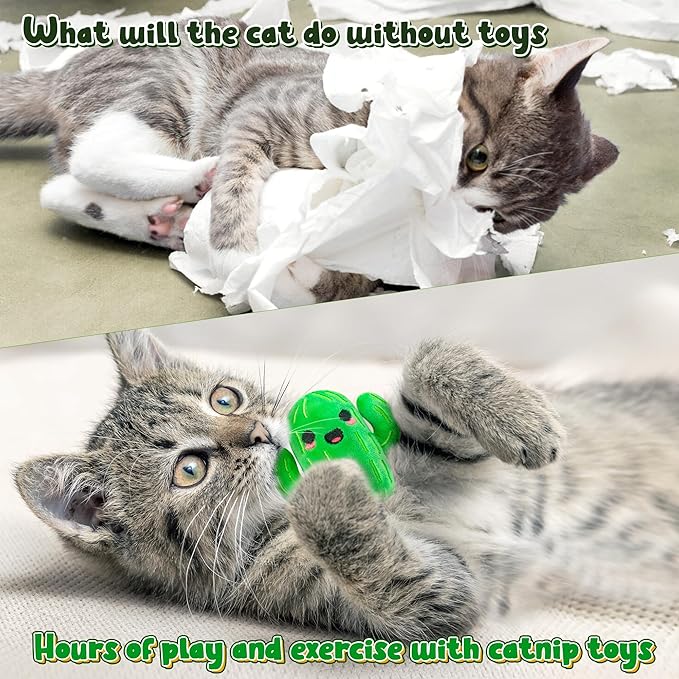 MALLMALL6 Catnip Toys for Cat - 5Pcs Cactus Prickly Plants Catmint Interactive Kitten Toy for Indoor Cats, Cute Soft Green Pet Supplies for Kitty Lover Gifts, Kitten Teething Chew Presents Set