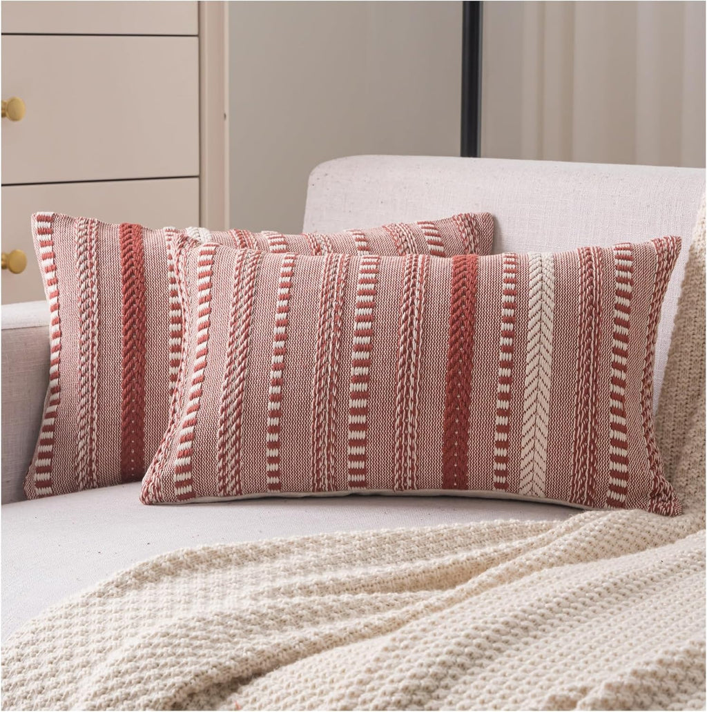 Boho Throw Pillow Covers 12x20 Inch Set of 2, Farmhouse Decorative Couch Pillow Cases, Rust Accent Pillows of Bed, Sofa Bedroom Living Room Home Decor Cushion Cover