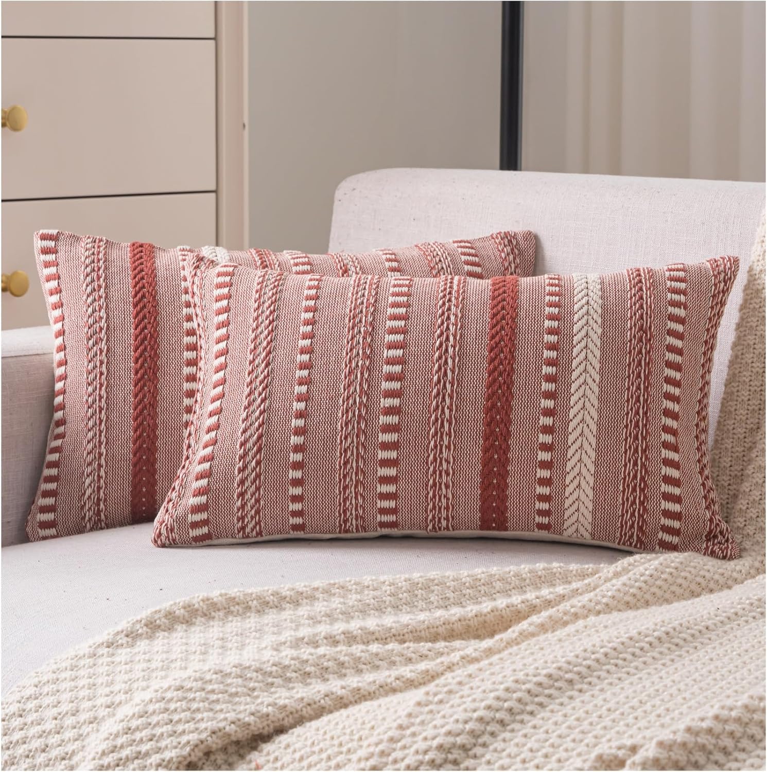 Boho Throw Pillow Covers 12x20 Inch Set of 2, Farmhouse Decorative Couch Pillow Cases, Rust Accent Pillows of Bed, Sofa Bedroom Living Room Home Decor Cushion Cover