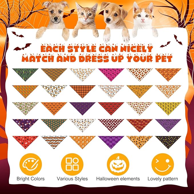 Aliceset 180 Pcs Halloween Dog Bandanas Bulk Halloween Bandana for Dog Adjustable Washable Pet Triangle Scarf Cute Kerchief Scarves for Pet Holiday Party Costume Photo Props Accessories Decorations