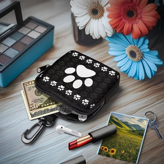 KEIAHUAN White Paw Print Dog Treat Pouch Small Training Bag Portable Dog Treat Bag with Zipper Closure and Carabiner Hands Free Pet Treat Bags Training Pouch Mini Wallet, Black