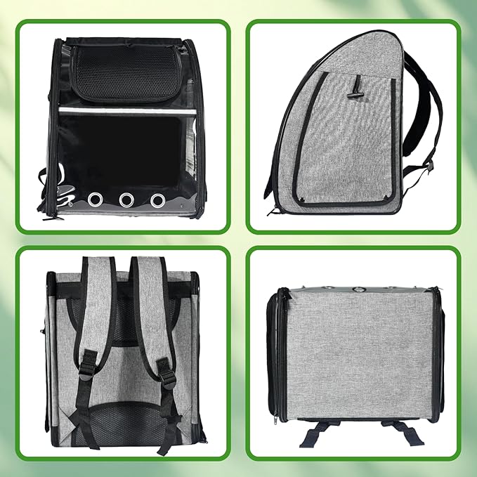 Bird Carrier Bag, Bird Travel Cage with Standing Perch and Indestructible Stainless Steel Mesh, Protable Transparent Breathable Carrier with Feeder Cups for Small Birds Parrot Parakeet, Grey