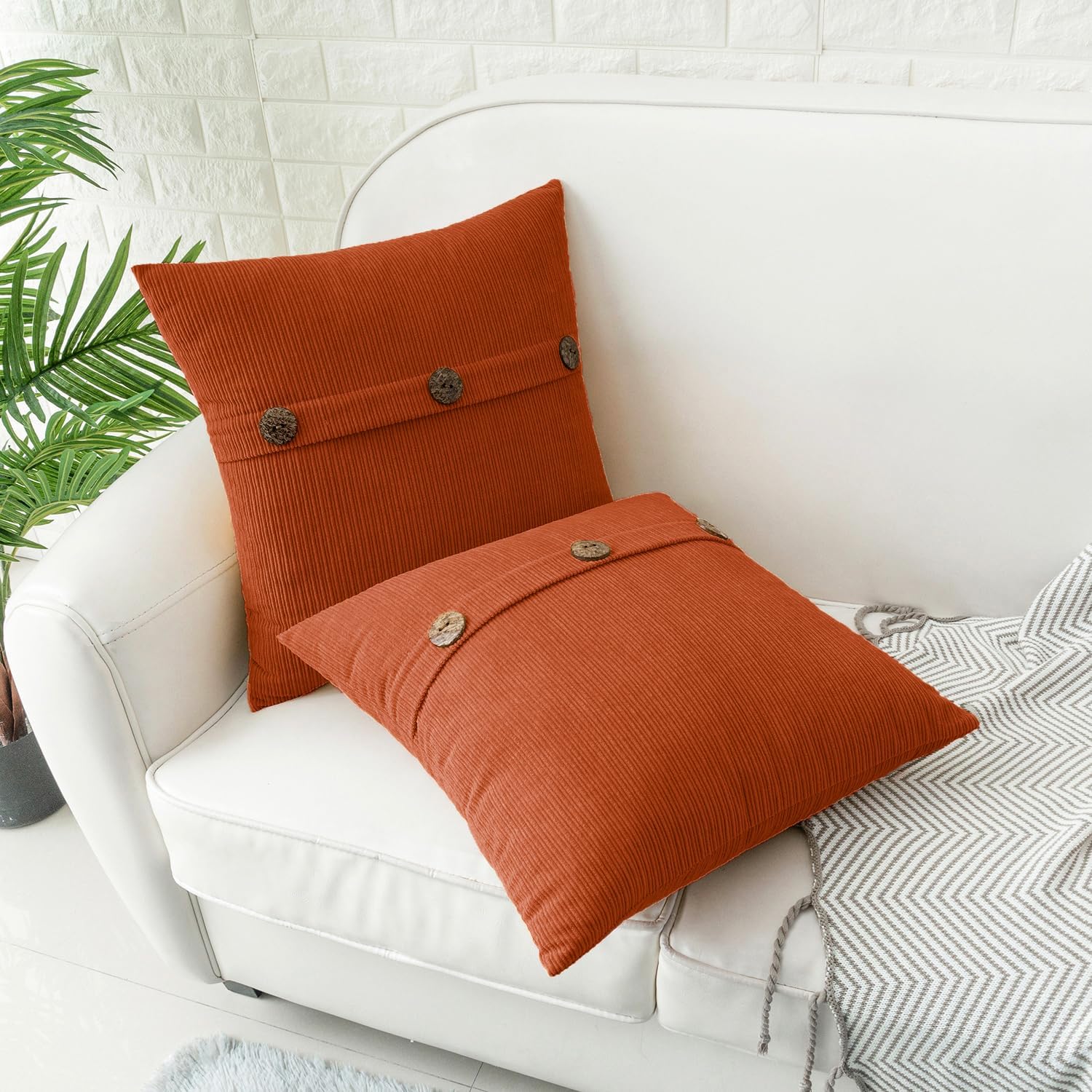 HWY 50 Burnt Orange Chenille Throw Pillow Covers 22x22 Inch with Triple Buttons, Soft Fall Farmhouse Accent Decorative Cushion Cases for Couch Sofa Bed Living Room Pack of 2