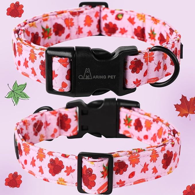 ARING PET Fall Dog Collar Pink Maple Leaf Rugby Dog Collars, Cotton Lightweight Thanksgiving Turkey Dog Collars Puppy Collar for Small Medium Large Dogs