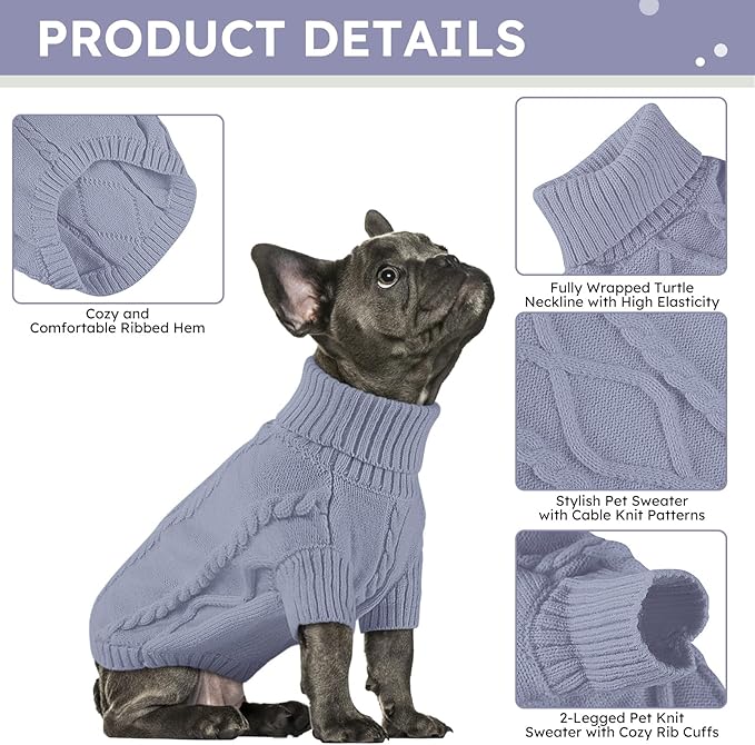 Queenmore Small Dog Pullover Sweater, Cold Weather Cable Knitwear, Classic Turtleneck Thick Warm Clothes for Chihuahua, Bulldog, Dachshund, Pug, Yorkie (Grey, X-Small)