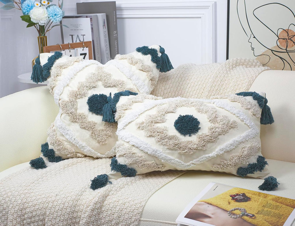 Decorative Farmhouse Throw Pillow Covers 18 x 18,Modern Neutral Couch Pillow Cover,Cotton Checked Pattern Boho Square Pillow Case Cover for Couch Bed Sofa Bedroom,Blue&Beige&White