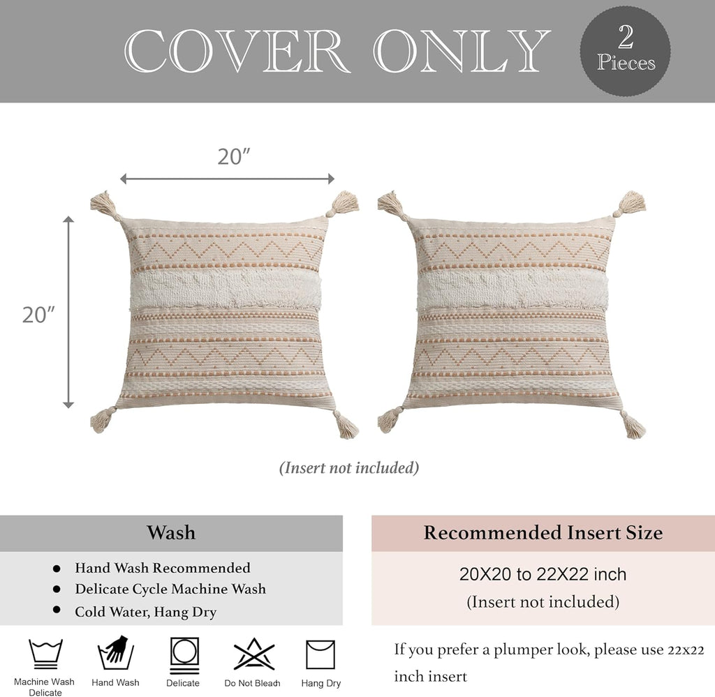 BlissBlush Decorative Throw Pillow Cover 20x20 Combo Set of 2 Square Cream Neutral White Boho Accent Pillowcase Tassels Farmhouse Cushion for Couch Sofa Bedroom Living Room Home Décor Cover ONLY