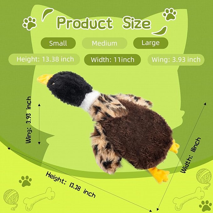 Duck Dog Squeaky Toy for Aggressive Chewers - No Stuffing Durable Plush with 4 Squeakers & Crinkle Wings, Chew Proof Puppy Toys for Small Medium Large Dogs (Black & Brown)
