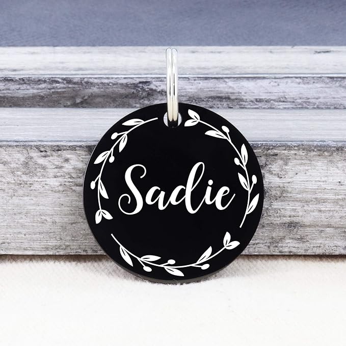 Ultra Joys Stainless Steel Pet ID Dog Name Tag Personalized Front and Back Engraving, Customized for Dogs and Cats, Optional Engraving on Both Sides, Round With Vine Design, Large