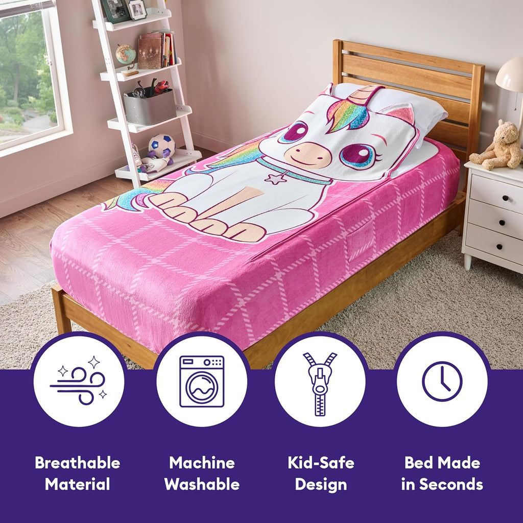 Bleacher Creatures ZippySack Twin Bed Zip-Up Bedding – Super Soft Fleece Fitted Blanket with Side Pocket & Durable Zipper – Easy Bed-Making for Kids (Unicorn)