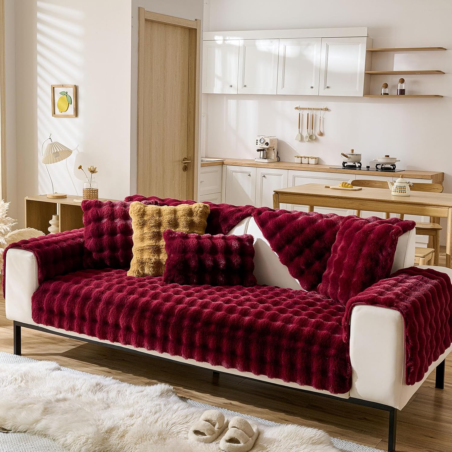 Christmas Faux Fur Couch Cover Fuzzy Soft Plush Thick Bubble Sofa Cover Luxury Sectional Couch Covers Luxury Anti-Slip Sofa Slipcover Washable Furniture Protector (Wine Red,36"x70")