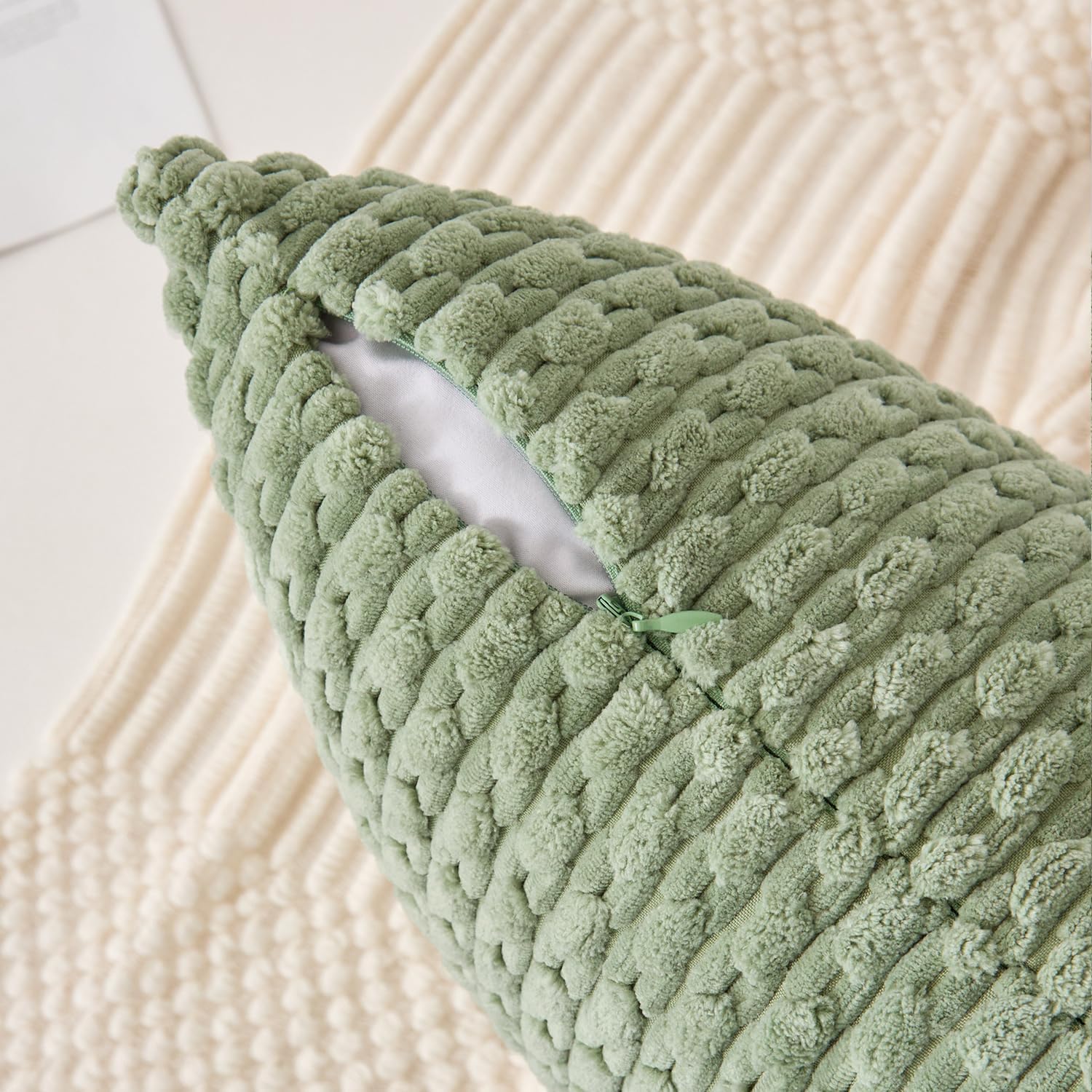 Kevin Textile 20x54 Inch Long Body Lumbar 1 Pack Boho Decorative Throw Pillow Cover Soft Striped Corduroy Rectangle Cushion Case Farmhouse Accent for Living Room Couch Sofa Bed, Sage Green