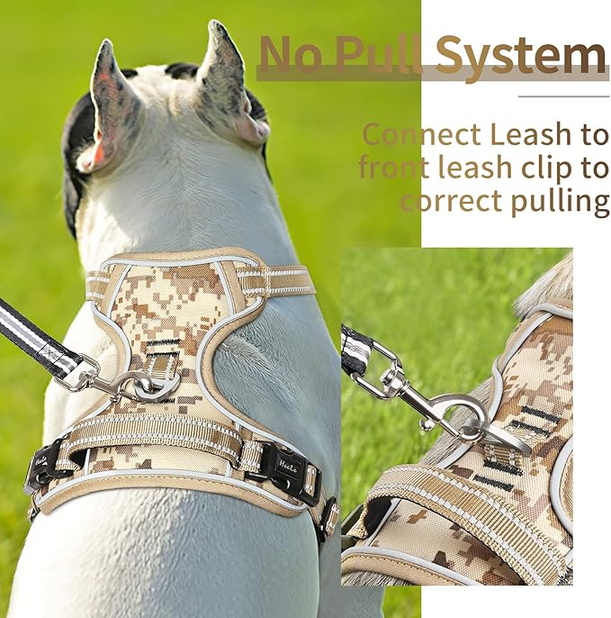 HEELE Dog Harness, No Pull Adjustable Padded Reflective Harness for Small Medium Large Dogs with Handle for Walking Training,Camo Tan, L