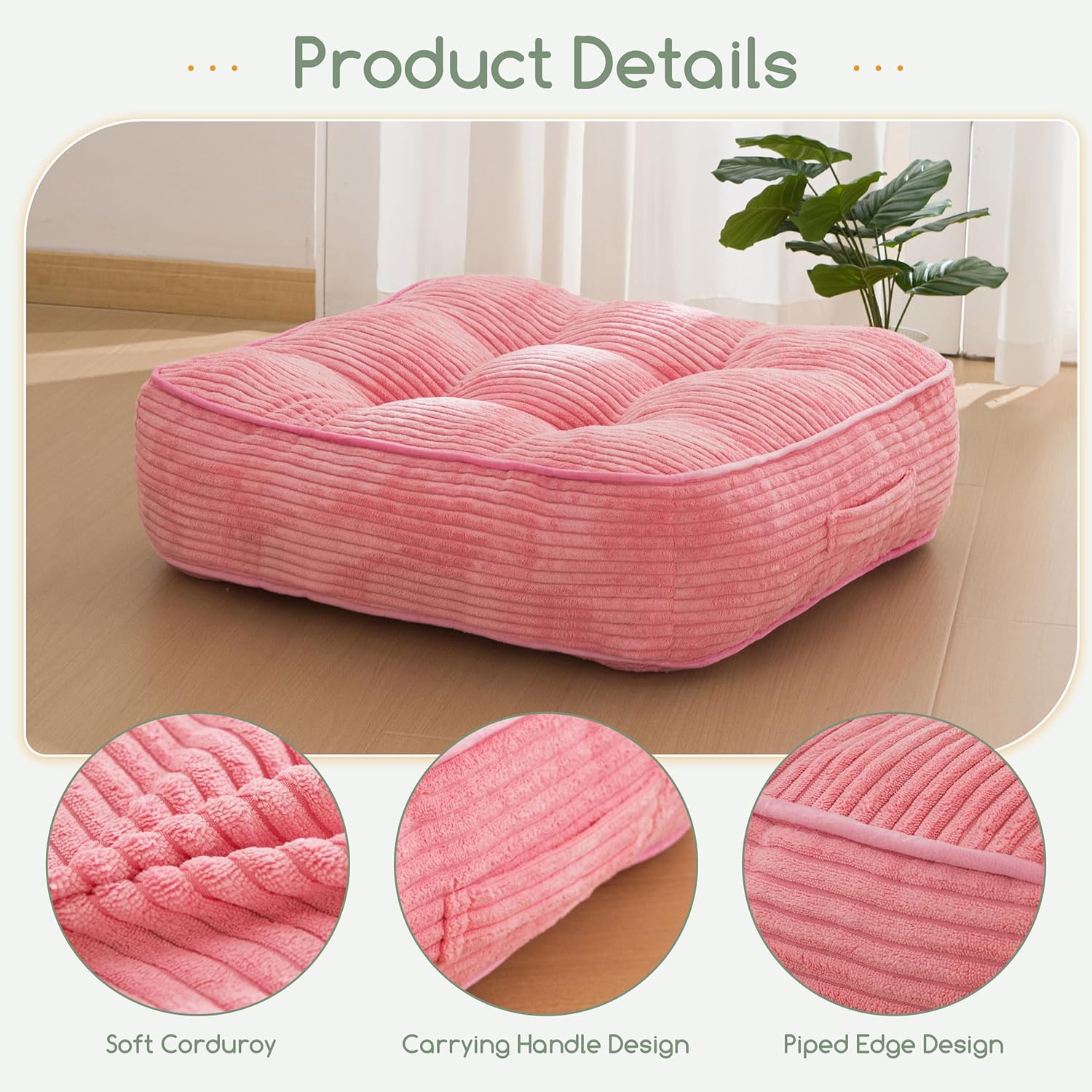 6" Washable Floor Pillow Cushion for Adults, Meditation Cushion Pillow, Large Square Floor Sitting, Removable Tufted Corduroy Cover, for Tatami Living Room or Yoga, 22x22 Inch, 2Pack, Machine Washable