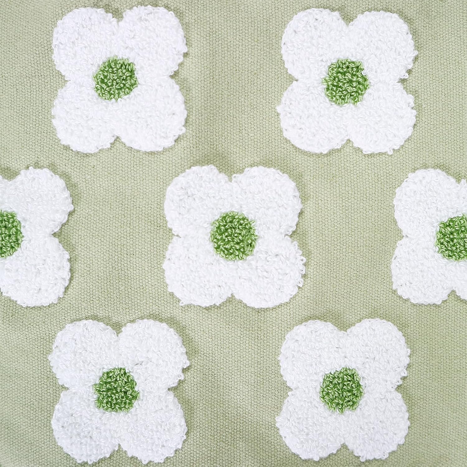DECOBIRD Embroidery Throw Pillow Cover 12x20 Light Green Floral Design Home Decor Loop Embroidered Pillow Case Thick Cotton Canvas Square Cushion Cover for Couch 30x50cm, 4 Petal Flowers 1 Piece
