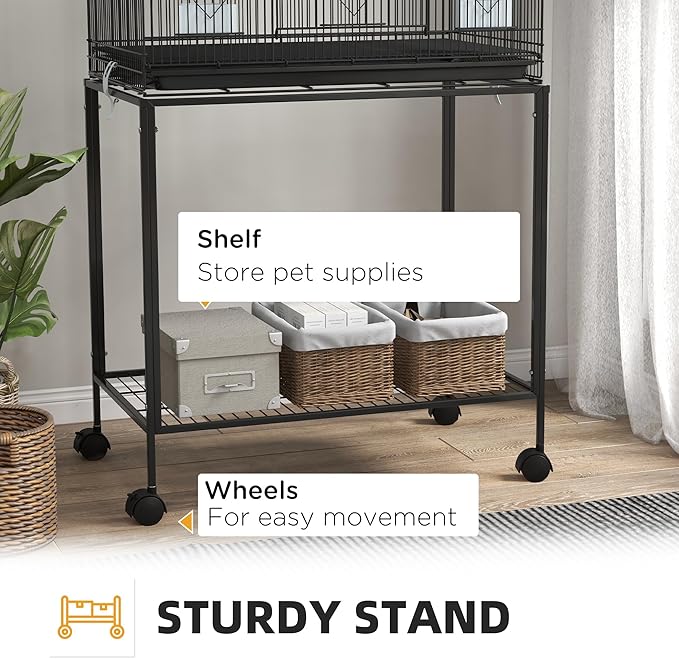 PawHut Double Stackable Bird Cage with Stand, Wooden Swing, Rope Ladder & Wheels for Canaries, Lovebirds Finches, Budgie Cage with Storage Shelf, Removable Tray, Wooden Perches & Food Containers