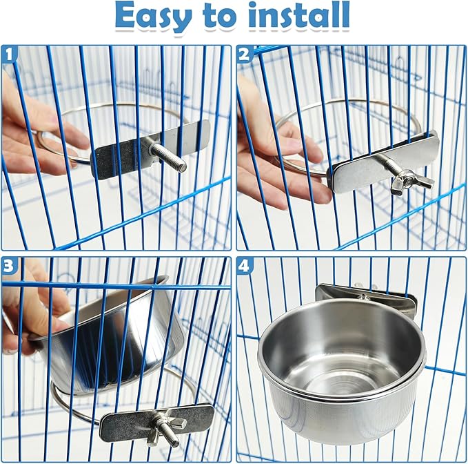 kathson 8 Pack Bird Feeding Dish Cups, Stainless Steel Parrot Feeders Water Cage Bowls with Clamp Holder Bird Feeders for Parakeet Cockatiels Conure Budgies Lovebird Finch and Small Animals