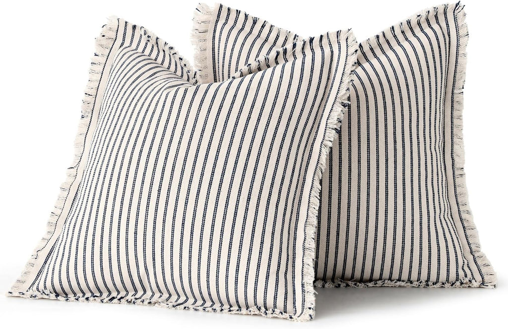 MIULEE Pack of 2 Navy Blue Pillow Covers 24x24 Inch Striped Farmhouse Couch Throw Pillow Covers with Fringe Chic Linen Decorative Cushion Eruo Sham for Sofa Living Room Bed Outdoor Home Decor