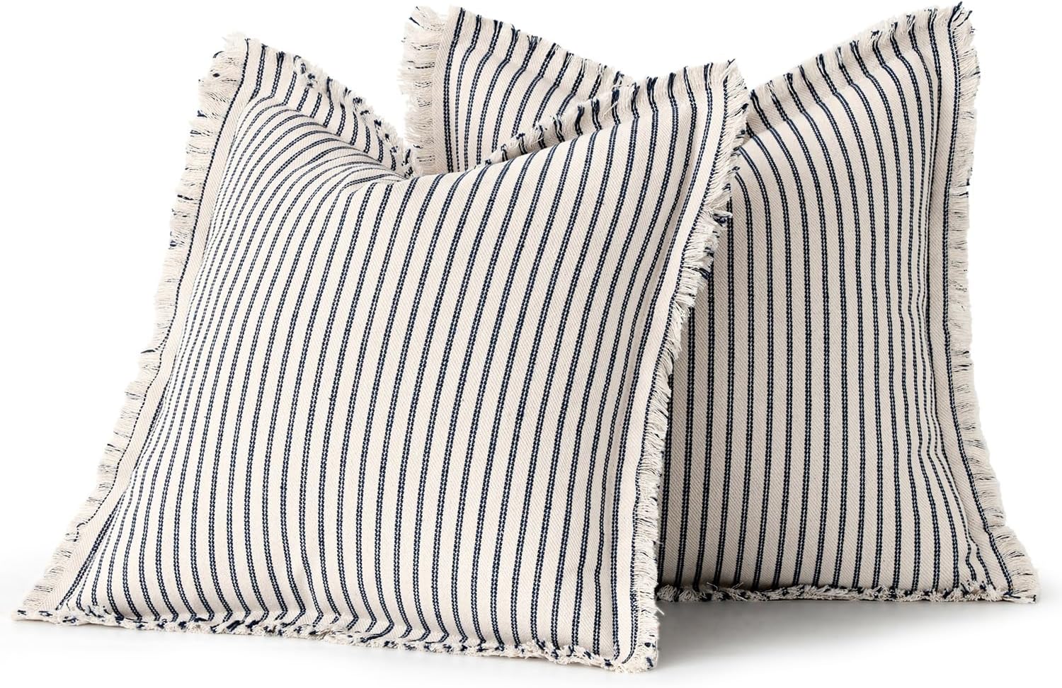 MIULEE Pack of 2 Navy Blue Pillow Covers 22x22 Inch Striped Farmhouse Couch Throw Pillow Covers with Fringe Chic Linen Decorative Cushion Covers for Sofa Living Room Bed Outdoor Home Decor
