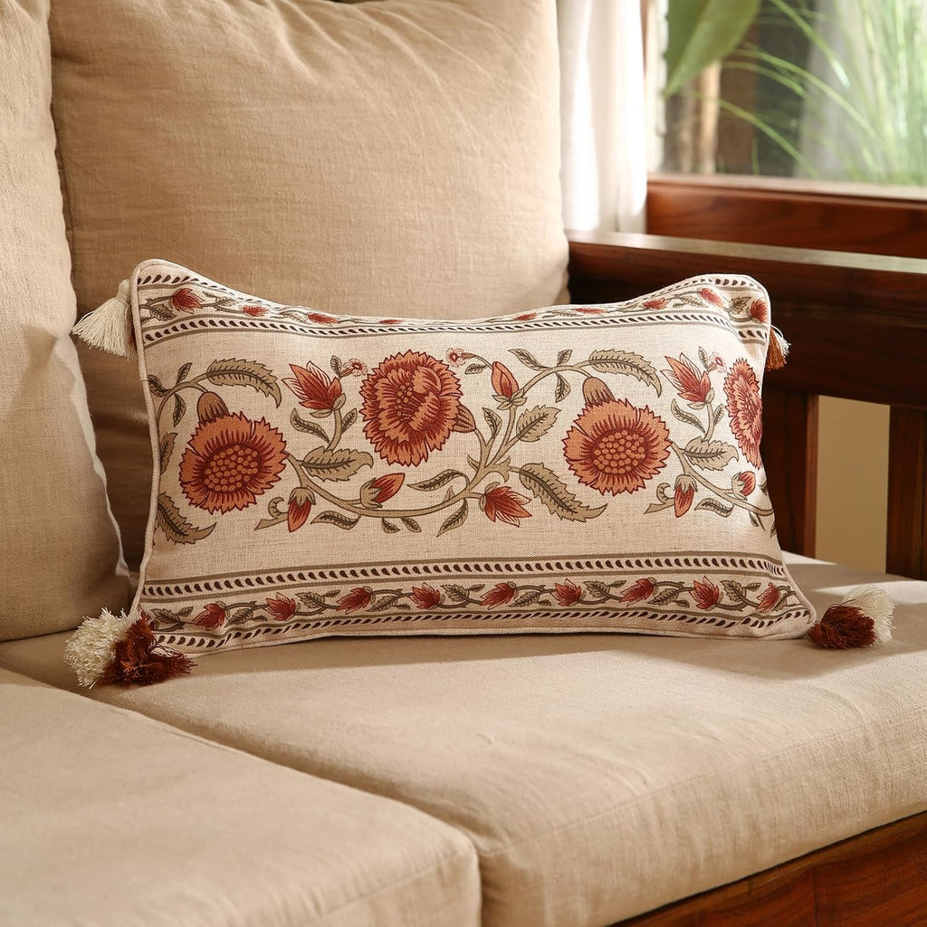 ISAENNE Design Linen Rectangle Vintage Throw Pillow Covers 12"x20", Brick Red Cushion Covers with Orange Floral Green Leaves Pattern Decor Pillowcases for Bed,Living Room,Outdoor,Car