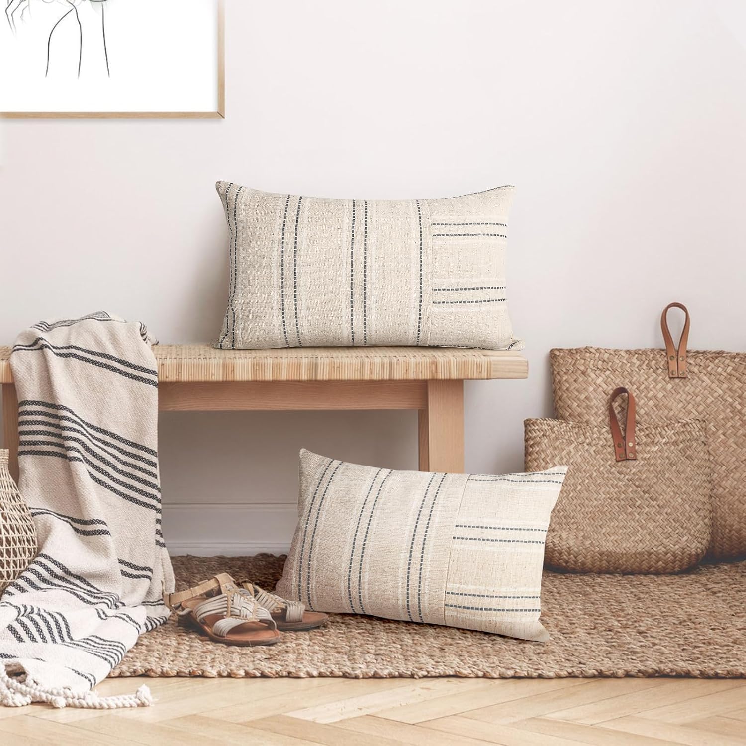 AELS 12x20 Decorative Farmhouse Linen Throw Pillow Covers, Boho Rectangle Lumbar Pillow Case, Set of 2, Beige with White & Gray Stripe Patchwork Cushion Cover for Sofa Couch Living Room (Cover ONLY)