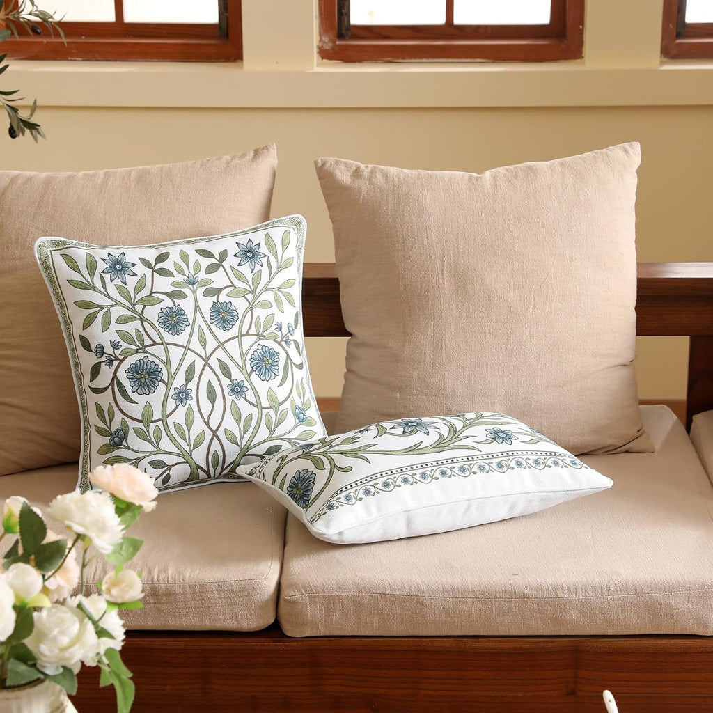 ISAENNE Design Fresh Linen Square Throw Pillow Covers 18"x18", French White Cottage Cushion Covers with Blue Floral Branches Pattern Decor Pillowcases for Bed,Living Room,Outdoor,Car