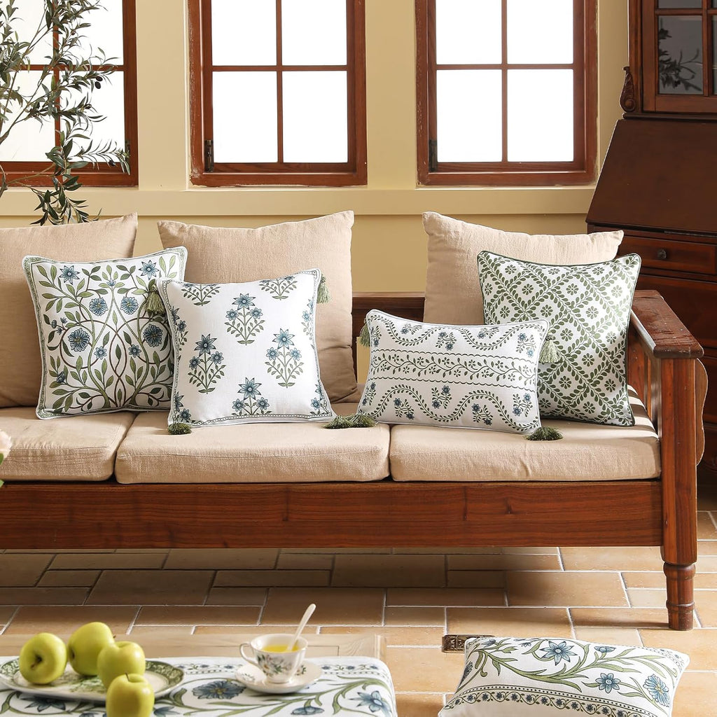 ISAENNE Design Fresh Linen Square Throw Pillow Covers 18"x18", French White Cottage Cushion Covers with Blue Floral Branches Pattern Decor Pillowcases for Bed,Living Room,Outdoor,Car