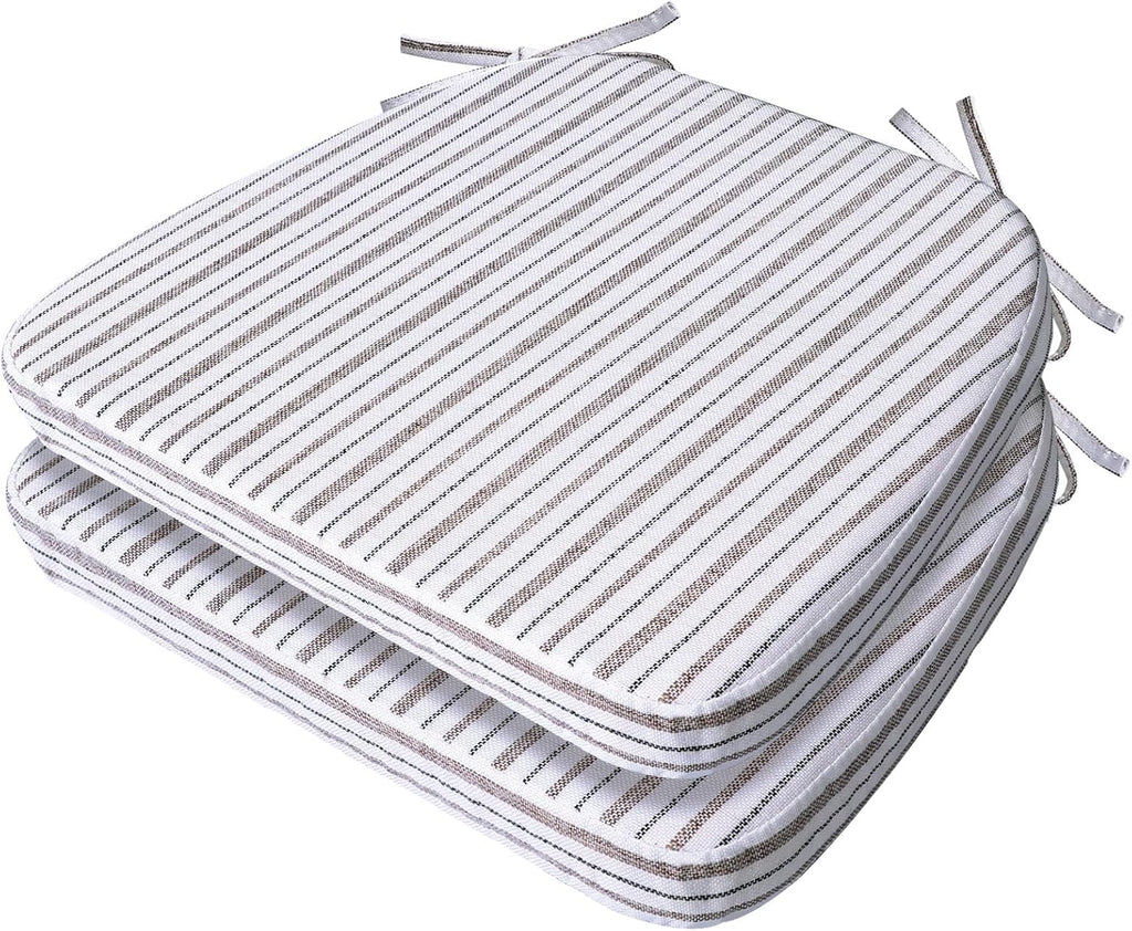 AAAAAcessories D-Shaped Chair Cushions, 2" Thick Dining Chair Pads with Ties and Removable, Machine-Washable Cover, 17" x 16", Set of 2, Pinstripe Brown