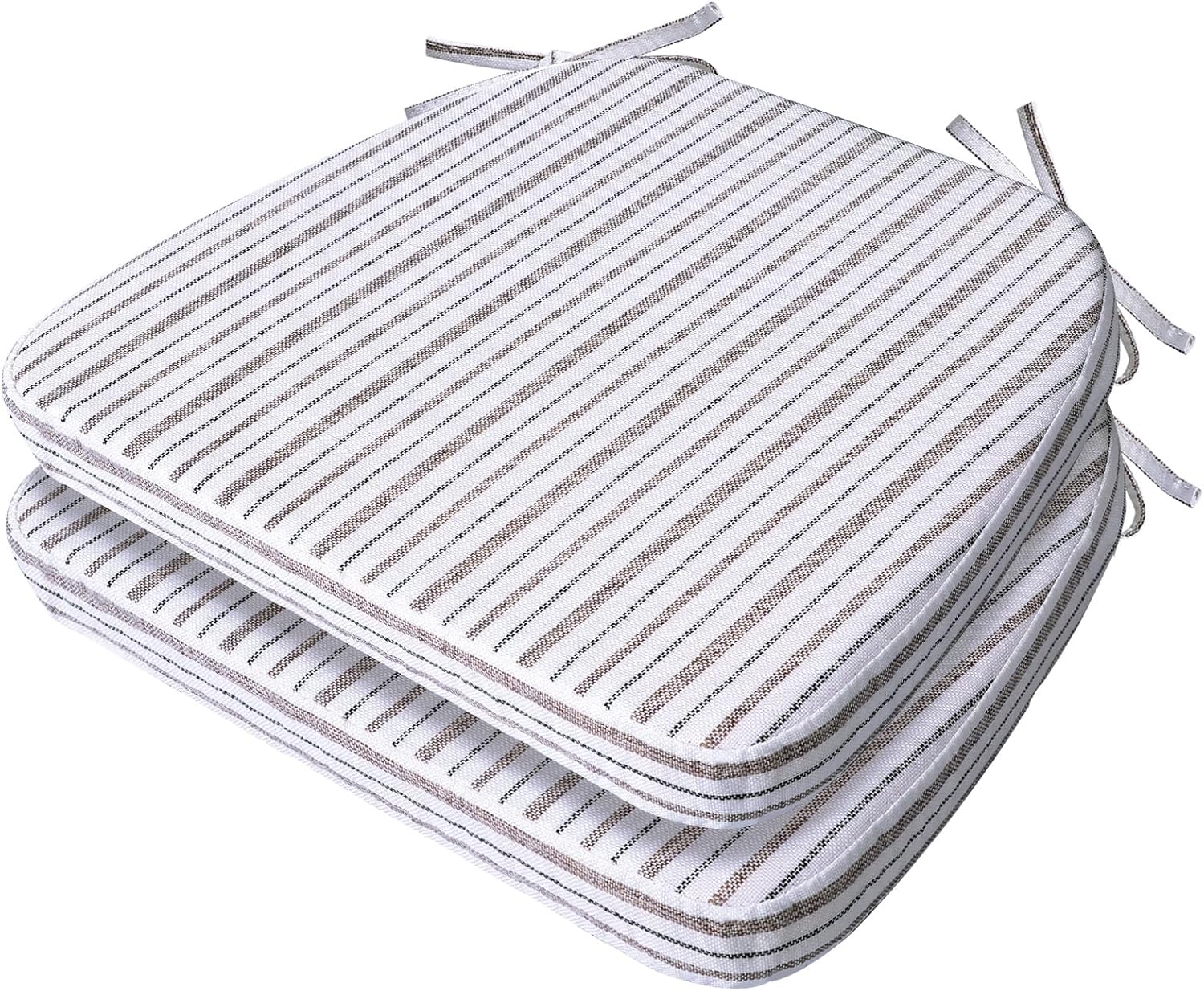AAAAAcessories D-Shaped Chair Cushions, 2" Thick Dining Chair Pads with Ties and Removable, Machine-Washable Cover, 17" x 16", Set of 2, Pinstripe Brown