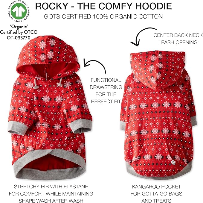 Rocky – The Orginal Lightweight Hooded TEE 100% Organic Cotton Dog Hoodie Pet Coat Sweater for Small, Medium, Large Dogs, Red Fair Isle, Large (40-60 lbs)