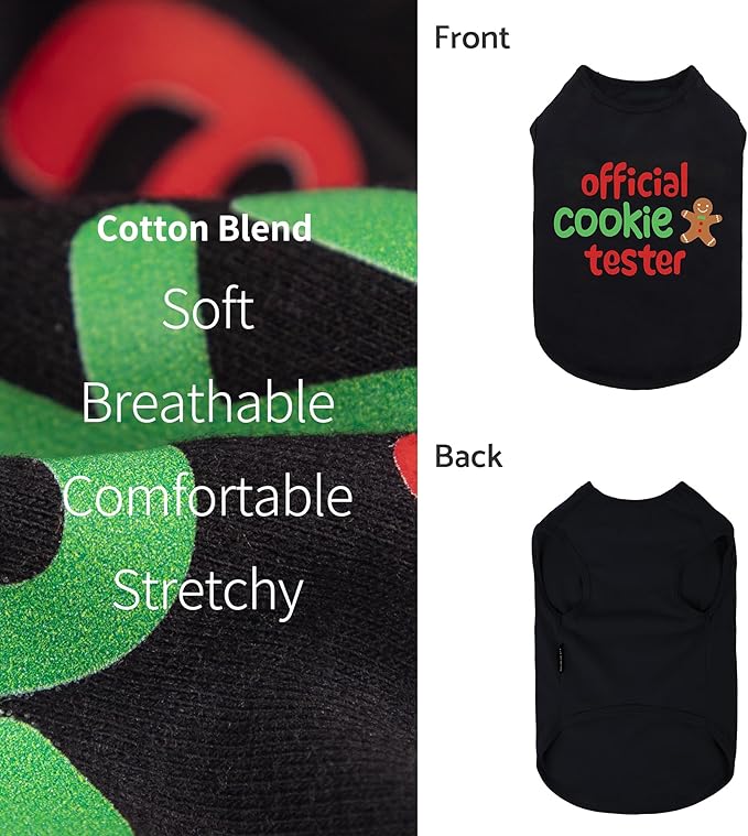Fitwarm Official Cookie Tester Funny Dog Shirt, Christmas Dog Clothes for Small Dogs Boy Girl, Holiday Doggy Tshirt, Pet Outfit, Gingerbread, Black, Red, Green, XXL