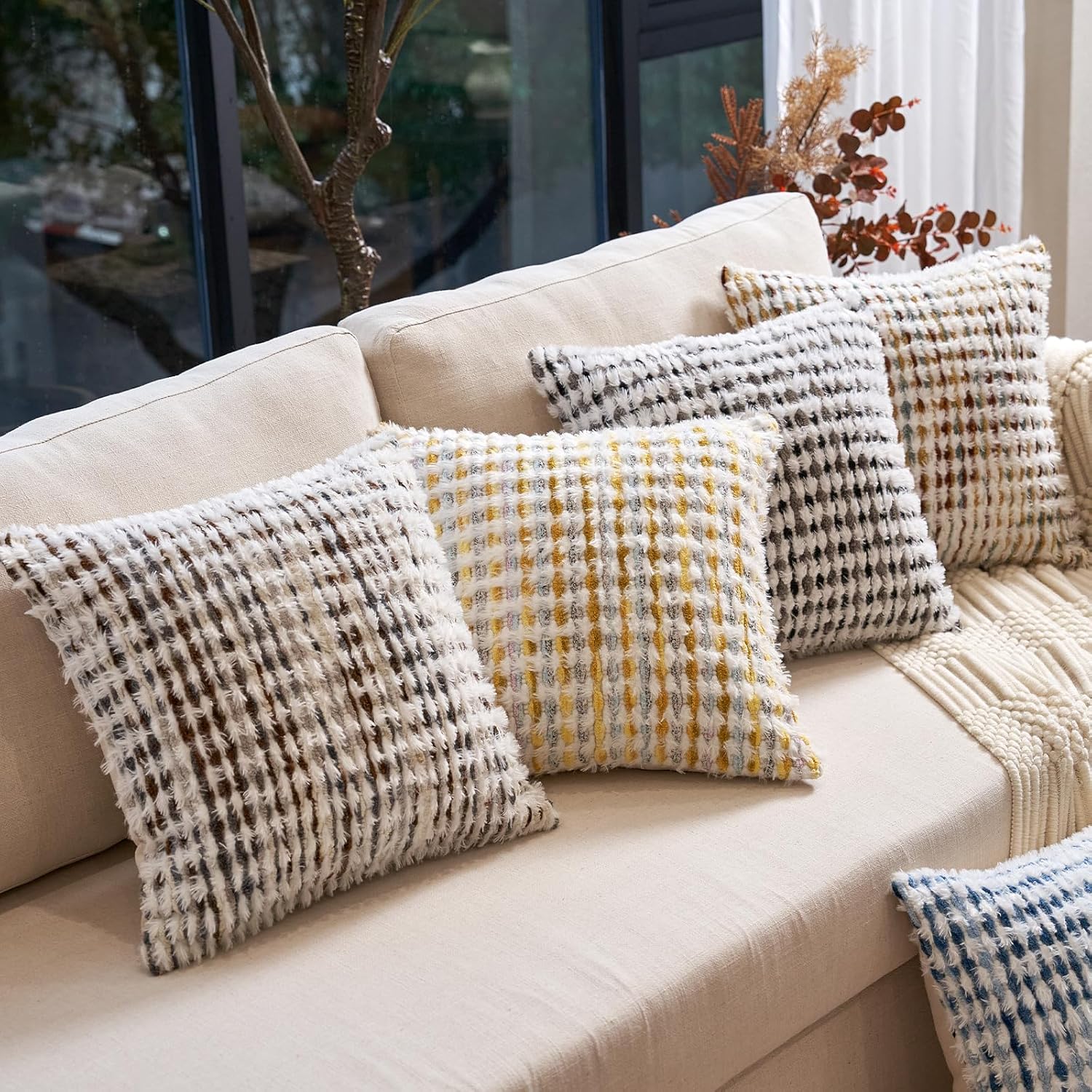 Aeckself Boho Chenille Tufted Pillow Cover 20 x 20 Inch, Decorative Square Throw Pillow Cover Neutral Pillowcase for Couch Bedroom Living Room, Brown White