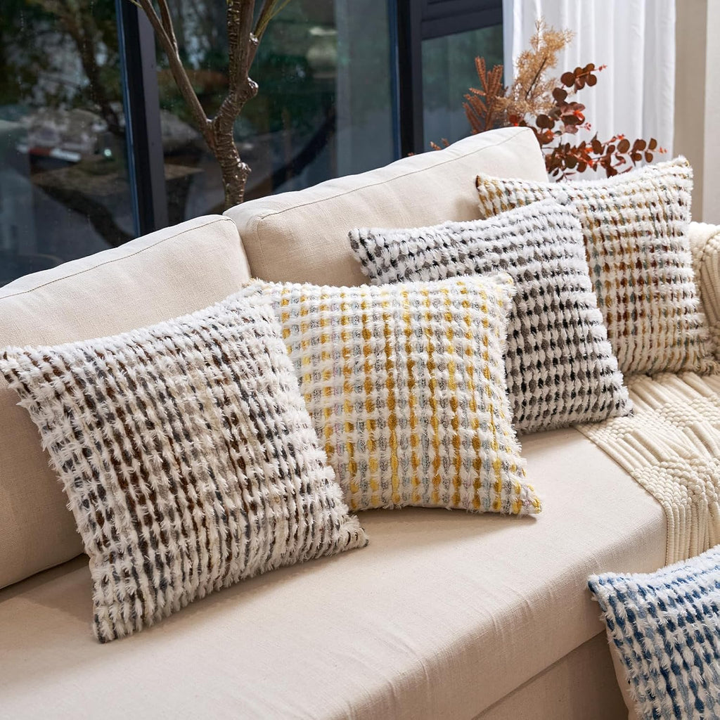 Aeckself Boho Chenille Tufted Pillow Cover 18 x 18 Inch, Decorative Square Throw Pillow Cover Neutral Pillowcase for Couch Bedroom Living Room, Brown White