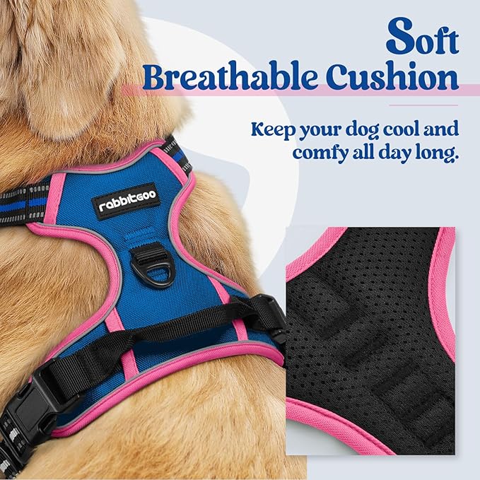 rabbitgoo Dog Harness No Pull with 2 Leash Clips, Adjustable Soft Padded, Reflective Oxford No Choke Pet Vest with Easy Control Handle for Large Dogs, Blue & Hot Pink, S
