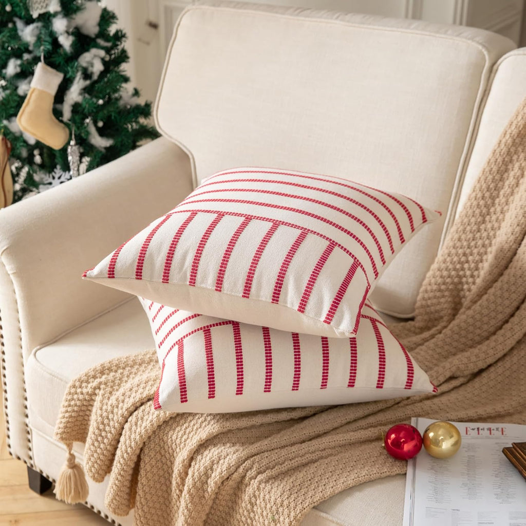 Caflife Boho Christmas Pillow Covers 18x18 Set of 2, Soft Farmhouse Decorative Sofa Pillow Cases, Holiday Red Christmas Throw Pillow Covers, Couch Bed Cushion Covers Living Room Home Decor