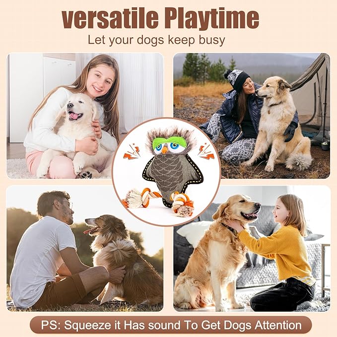 Tough Durable Squeaky Dog Toys for chewers Interactive to Keep Them Busy, Funny Tug of War Dogs Toy for Small Medium Large Cute Birthday Gift (New Owl)