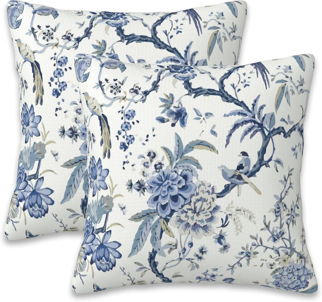 Chinoiserie Throw Pillow Cover Case Blue White Flowers Throw Pillows Set of 2 Super Soft Pillow Covers 20x20 Inches Farmhouse Home Decor for Living Room Bedroom Sofa Couch Cushion Cover